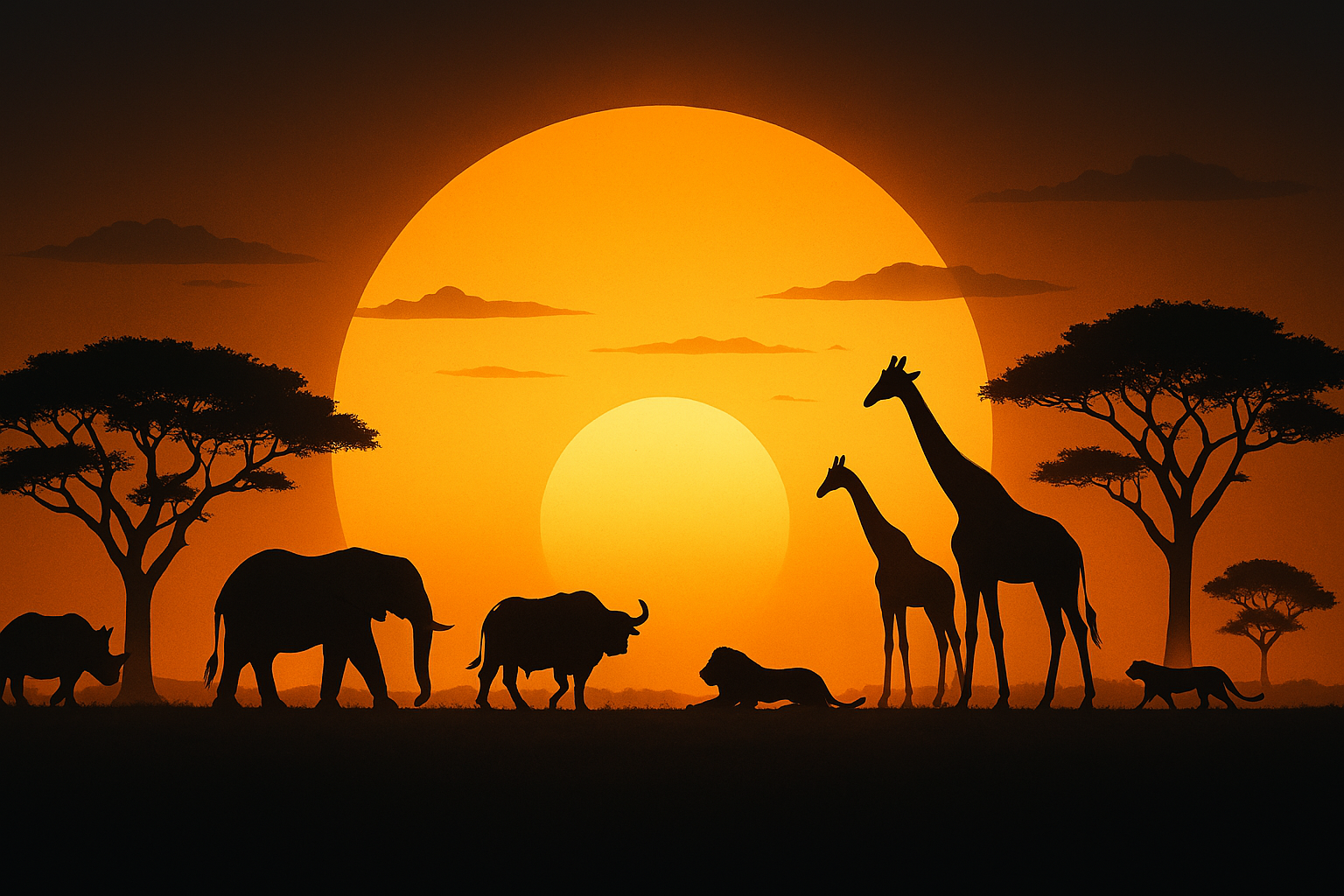 African wildlife silhouettes against an orange sunset